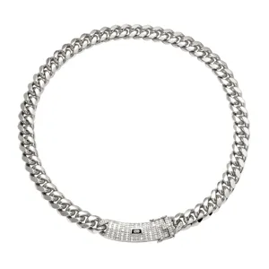 Men stainless steel heavy cuban link chain necklace with sparkling cubic zirconia pave clasp.