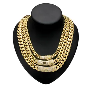 Men gold Cuban link chain necklace stainless steel iced out zircon clasp hip hop jewelry