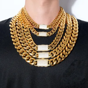 Men Stainless Steel Cuban Link Chain Necklace Gold Plated Hip Hop Micro Paved Rhinestone Lock Clasp Fashion Jewelry