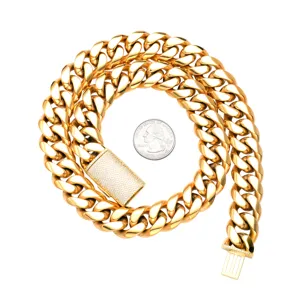 18K Gold Plated Stainless Steel Cuban Link Chain Necklace with CZ Clasp for Hip Hop