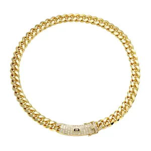 Gold Cuban Link Chain Mens Hip Hop Necklace Stainless Steel Zirconia Clasp Jewelry