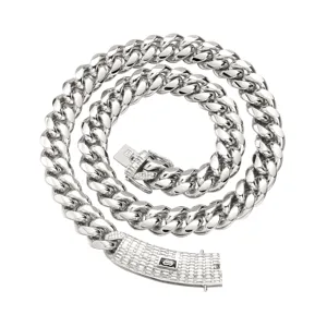 Men hip hop stainless steel cuban link chain necklace with paved zirconia clasp silver.