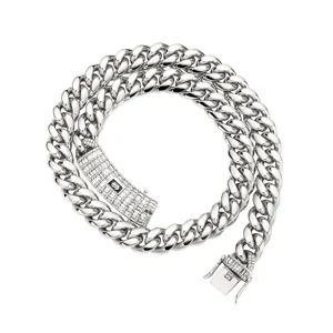 Men stainless steel Cuban link chain necklace hip hop silver color zircon clasp