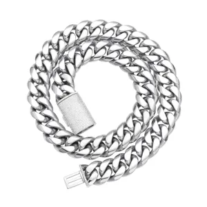 Close-up of stainless steel hip hop Cuban chain necklace with micro paved zircon box clasp.