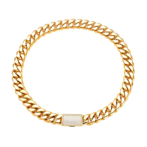 Stainless steel 18K gold plated Cuban chain necklace with micro pave zircon clasp.