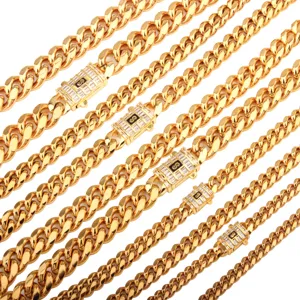 Collier chaîne gourmette cubaine en zircone cubique dorée pour homme bijoux acier 6-14mm.