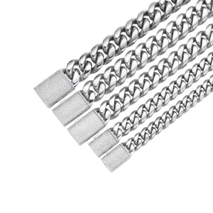Close-up of stainless steel Cuban link chains with micro-pave zirconia clasps in various widths.