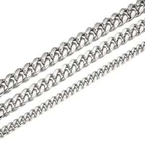 Silver stainless steel Cuban chain necklace, hip hop style jewelry with multiple size options.