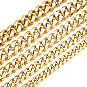 Detailed view of heavy stainless steel Cuban link chains in various widths with 18K gold finish.