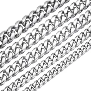 Stainless steel Cuban link chain necklace, heavy metal hip hop style, silver color jewelry.