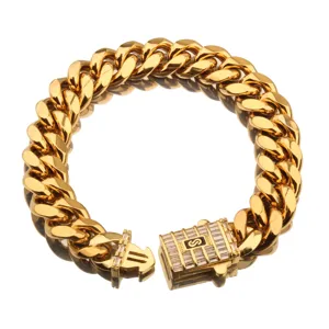 Hommes couleur or lourde chaîne gourmette cubaine collier zircone boîte fermoir acier inoxydable