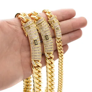 Men's Hip Hop Stainless Steel Cuban Link Chain Necklace Gold Plated Zirconia Clasp Heavy Curb Chain Jewelry
