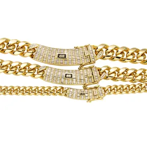 Gold Cuban chain detailed view featuring iced zirconia lock clasp for men hip hop jewelry.