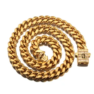 Collier chaîne gourmette cubaine dorée en acier inoxydable pour homme avec fermoir zircon