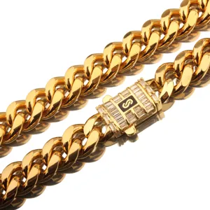 Collier chaîne gourmette cubaine or homme en acier inoxydable avec fermoir zirconium.
