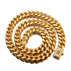 Collier chaîne gourmette cubaine homme or acier inoxydable lourd avec fermoir zircon brillant