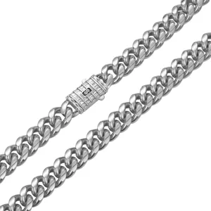 Men's stainless steel Cuban link chain necklace with iced out zirconia box clasp detail.
