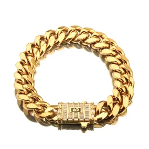 Collier chaîne gourmette cubaine en acier inoxydable doré pour homme avec fermoir zircon brillant.
