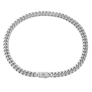Stainless steel cuban link necklace for men, iced out zircon box clasp fashion chain.