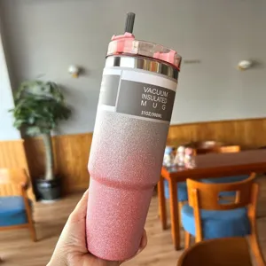 Sparkling pink glitter gradient 31oz stainless steel vacuum insulated mug with straw