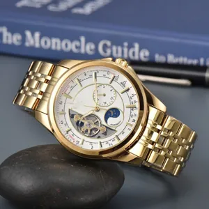 Luxury Men Automatic Mechanical Watch Moon Phase Flywheel Open Heart Dial Stainless Steel Strap Business Wristwatch