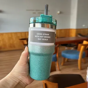 Detail of 30oz diamond glitter stainless steel tumbler showing the straw and lid.