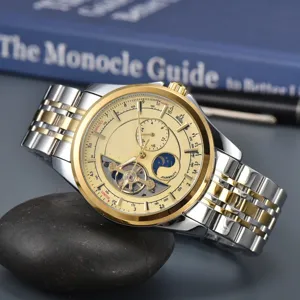 Men's automatic mechanical watch with two-tone steel strap and gold open-heart dial