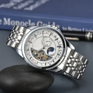 Luxury men's automatic mechanical watch with silver steel strap and white tourbillon dial