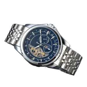 Classic men's automatic mechanical watch with blue dial and silver steel band