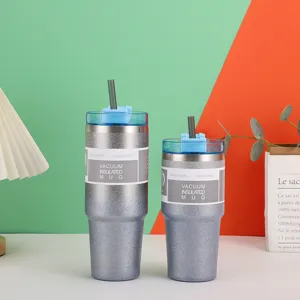 Silver diamond paint 30oz and 20oz vacuum insulated travel mugs with grey straws