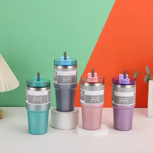 Set of four 30oz glittery stainless steel vacuum insulated travel mugs with straws