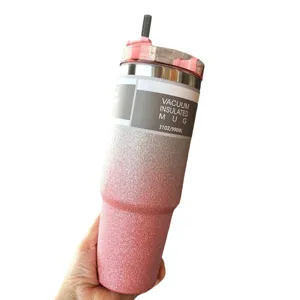 30oz vacuum insulated stainless steel coffee mug with straw and pink glitter finish