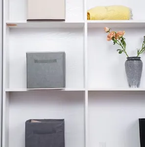 Large grey non-woven collapsible fabric storage box for versatile bedroom shelf organization