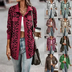 Giacca da Donna in Velluto a Coste con Stampa Leopardata Moda Risvolto Manica Lunga con Bottoni Casual Larga Autunno Inverno Top