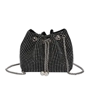 Elegant black rhinestone drawstring evening bucket bag with silver chain and pearls