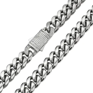 Stainless steel cuban link chain with rhinestone clasp detail, silver tone jewelry necklace.