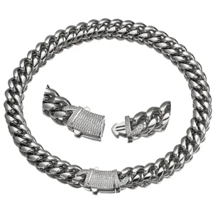 Stainless Steel Cuban Link Chain Necklace For Men Rhinestone Clasp Hip Hop Silver Tone Fashion Jewelry Necklaces Gift