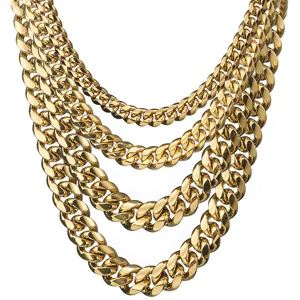 Multi-layer gold Cuban link chain necklace, hip hop style stainless steel men jewelry.