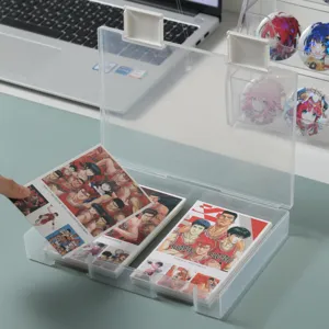 Scatola portaoggetti da scrivania in plastica trasparente con coperchio per cartoline e foto.