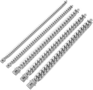 Men stainless steel silver Cuban link chain necklace with cubic zirconia box clasp 6-14mm