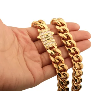 Collier chaîne cubaine en acier inoxydable doré pour homme avec fermoir en zircone.