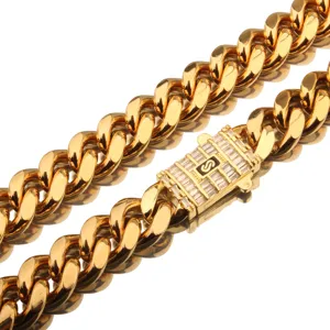 Collier chaîne gourmette cubaine en acier inoxydable doré homme avec fermoir zircone cubique