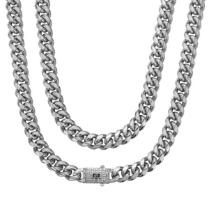 Men heavy stainless steel Cuban link chain necklace with sparkling zircon box clasp.