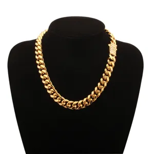 Collier chaîne gourmette cubaine plaqué or pour homme, chaîne épaisse en acier avec fermoir zircon.