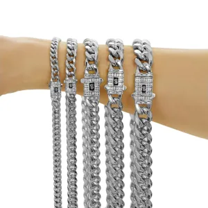 Men's Stainless Steel Cuban Link Chain Necklace And Bracelet Paved Rhinestone Clasp Hip Hop Heavy Metal Jewelry