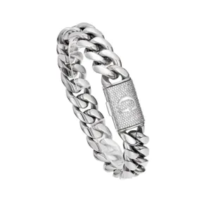 Detailed view of men hip hop stainless steel cuban chain necklace with paved letter clasp.