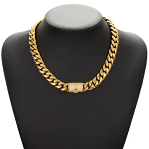 Men gold hip hop cuban link chain necklace featuring a stunning rhinestone letter clasp detail.