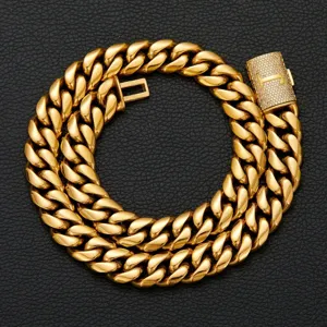 Men gold Cuban link chain necklace with iced out letter box clasp, hip hop jewelry for men.