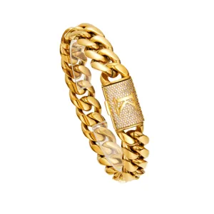 Gold-plated Cuban link chain necklace with iced out letter clasp hip hop jewelry for men