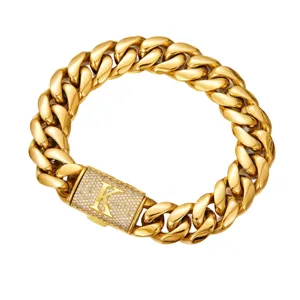 Men gold Cuban link chain necklace with iced out letter K box clasp hip hop jewelry detail